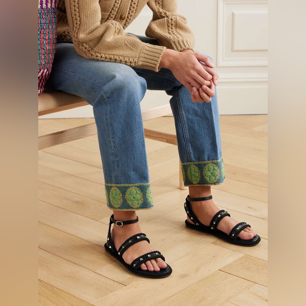 NIB Valentino Torchon Rope-Trimmed Studded Leather Sandals 39